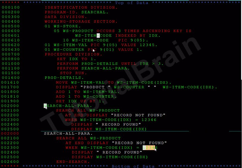 TutorialBrain-SEARCH ALL in Internal Table(Arrays) of COBOL