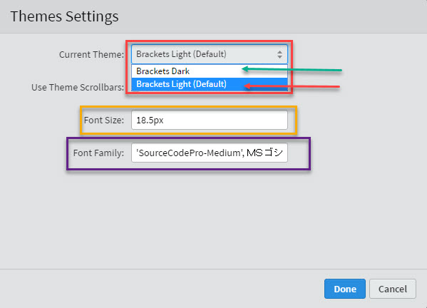 Brackets Themes settings - Changes Themes, Font size and Font Family