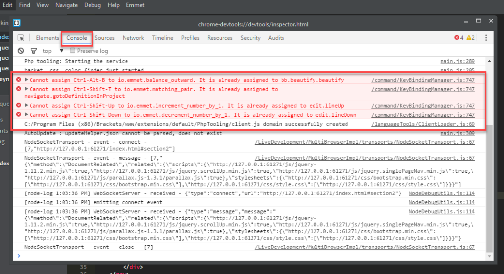 Brackets Show Developer tools console