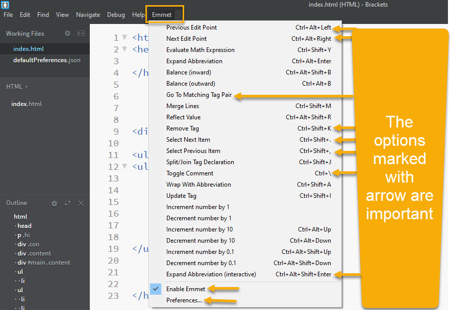Brackets Emmet Shortcuts